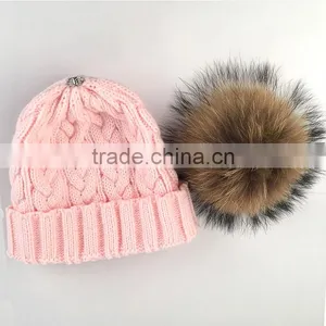 Myfur Fuzzy Big Raccoon Fur Bobble Cable Knit Hat Wholesale Girls Beanie thumbnail-3