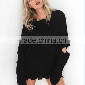 B33749A 2017 Western Women Hot Fashion Cut Out Plain Knit Sweater thumbnail-1