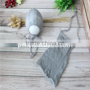 Newborn Mohair Romper Baby Boy Girl Hat and Pant Crochet Bonnet Hooded Romper Photography Props Knitted Overall Outfit Onesie thumbnail-1