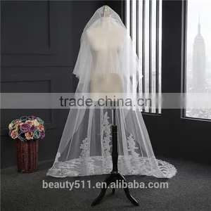 2017 Wholesale New Grance Long Lace Bridal Wedding Veil Fashionable Long Tulle HL14 thumbnail-1
