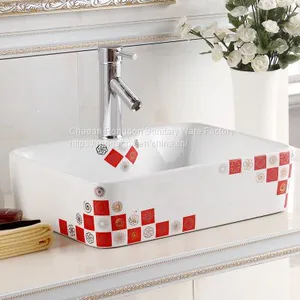 Simple Red Color Modern Design Tabletop Ceramic Sanitary Ware Square Wash Hand Basin With One Hole for Bathroom Used thumbnail-1