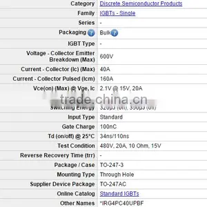 Electronics IRG4PC40UPBF IGBT Transistors 600V UltraFast 8-60kHz 40A 160W TO247AC thumbnail-3