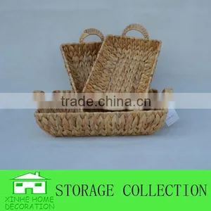 S/3 Rectangular Water Hyacinth Woven Shallow Tray With Handles thumbnail-1