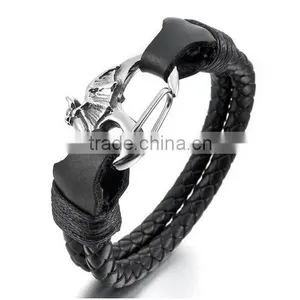 Men's Stainless Steel Genuine Leather Bracelet Bangle Cord Silver Black Bat Wing Biker thumbnail-1