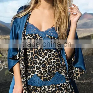 Wholesale Cheap Sexy Ladies Blue Leopard Printed Lace Trimed Silk Sleep Kimono Robe Dress Set thumbnail-1