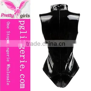 Fashion Stretchy Faux Leather Jumpsuit Zipper Front Catsuit Cosplay Costumes Black Playsuit thumbnail-2