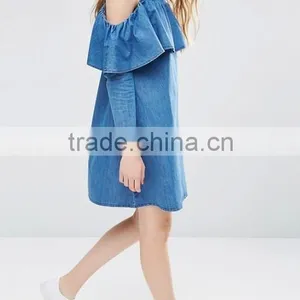 Shift Denim Dress With Cold Shoulder and Ruffle Detail thumbnail-2