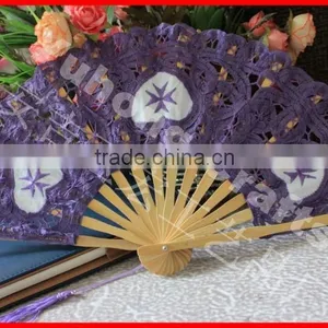 Purple Embroidery Lace Bamboo Wedding Fan thumbnail-1