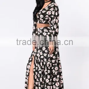 100% Rayon Floral Matching Set Long Sleeve V Neckline Open Back Crop Top and Maxi Skirt Set thumbnail-3