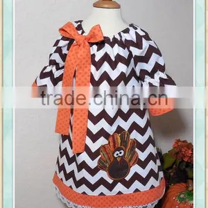Girls Turkey Dress Thanksgiving Wholesale Boutique Kids Clothes Turkey Design Frock Chevron Bowknot Dress With Lace Bottom Kids thumbnail-1