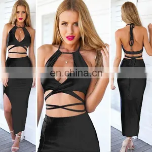 Plunging Halter Sexy Two Piece Navy Blue Bodycon Dress thumbnail-2