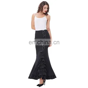 Belle Poque Womens Victorian Style High Stretchy Nylon-Cotton Vintage Retro Ruffled Fishtail Mermaid Black Long Skirt BP000203-1 thumbnail-4
