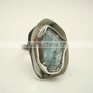 Aquamarine Raw Natural Gemstones Ring, 925 Solid Sterling Silver Rings, Blue Aquamarine Rough Gemstone Jewellery thumbnail-1