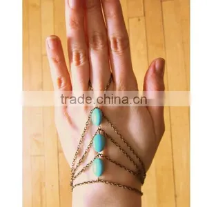 Trendy Boho Finger Ring Turquoise Harness Slave Chain Hand Bracelet thumbnail-2