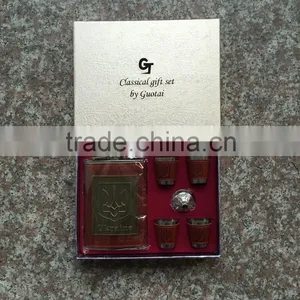 9oz Leather Wrapping Hip Flask and Antique Copper Zinc Alloy Logo and 4 Cups Are Arranged in the Package Box. thumbnail-3