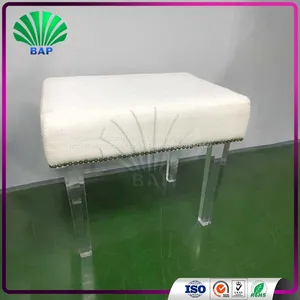 High Quality White Leather Cushion Stool Home Ottomans With Clear Acrylic Stool Legs thumbnail-2