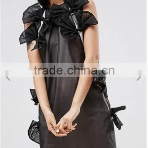 Summer Dress For Women Black Lightweight Organza Contrast Lining Crew Neck Bow Detail Midi Organza Dress thumbnail-5