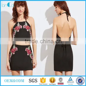 Two Piece Set Women Dress 2017 Black Embroidered Rose Applique Suede Halter Top With Skirt thumbnail-1