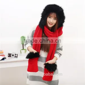 High Quality Hot Sales Type Women Hat Winter Soft With Long Scarf Mittens Ski Attached Gloves Faux Fur Hood thumbnail-6