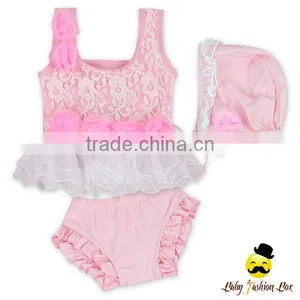 YZA-005 Yiwu Yihong Solid Color Pink Sleeveless Sewn Flowers Lace Ruffle Short Smocking Pant Baby Hat Baby Girls Swimsuit thumbnail-1