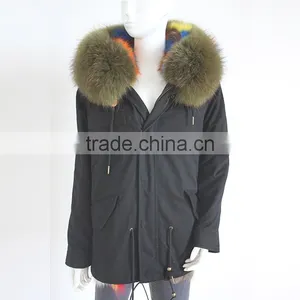 Myfur Customized Khaki Green Raccoon Fur Hood Navy Color Parka Jacket thumbnail-1