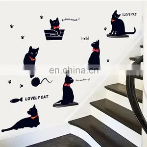 Black Cat on the Stair With Red Tie PVC Wall Sticker Home Decoration thumbnail-1