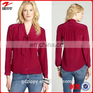 2014 Wholesale Fashion Red Tie Neck Long Sleeve Ladies Chiffon Top thumbnail-1
