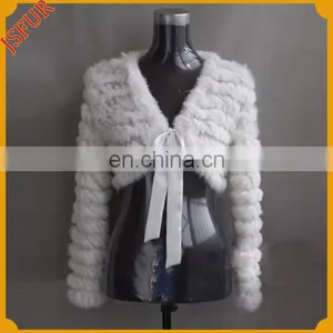 Real Rabbit Fur Knit Jacket Ribbon Bowknot Trim V-nick Long Sleeve Knitted Rabbit Fur Shawl and Cape thumbnail-1