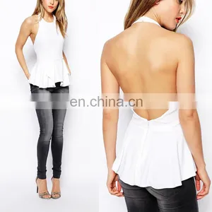 2016 Sexy White Halter Open Back Ladies Blouse thumbnail-1