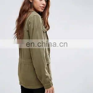 2016 Fashion Laper Collar Long Sleeve Women Army Green Front Button Jacket thumbnail-3