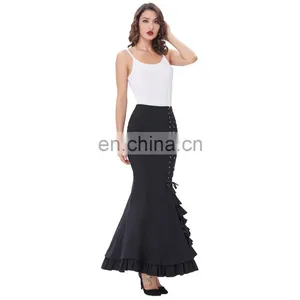 Belle Poque Womens Victorian Style High Stretchy Nylon-Cotton Vintage Retro Ruffled Fishtail Mermaid Black Long Skirt BP000203-1 thumbnail-3