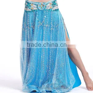 Brisk Net Fabric and Satin Belly Dance Skirt Split on Both Lateral , White Belly Dancing Skirt thumbnail-1