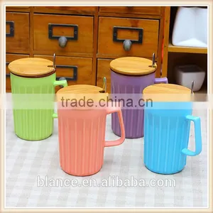 Colorful Stripe Embossed Ceramic Cup With Lid and Spoon thumbnail-1