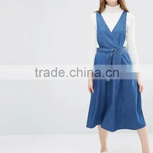 Wrap Front Pinafore Midi Dress Denim Dresses Women thumbnail-1