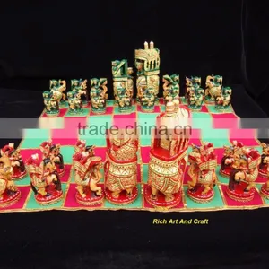 Hand Crafted Hand Painted Artisan India Art & Craft Fine Carvin Wooden Chess Set thumbnail-2