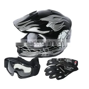Youth Black/Silver Skull Bike Motocross Helmet Goggles+gloves+Interphone S M L thumbnail-1