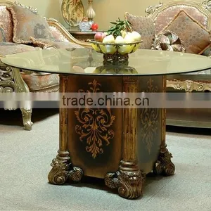 Hand Painting Round Coffee Table With Glass Top, Exquisite Wood Carved Side Table, Classical Style Living Room End Table thumbnail-1