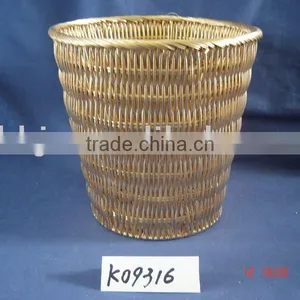 Gold Round Rattan Woven Iron Frame Storage Trash Basket thumbnail-1