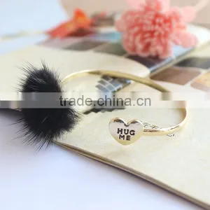 Mink Fur Pompon Cuff Bangle Marten Fur Pom Pom Cuff Bangle Customized Hug me Heart Gold Cuff Bangle thumbnail-6