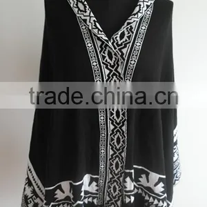 Fashion Ladies Jacquard Knitted Hoody Poncho Sweater thumbnail-1