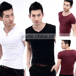Bulk Wholesale Men's V-Neck Short Sleeve T-Shirt Slim Basic Tee Top Plain T Shirts For Printing thumbnail-4