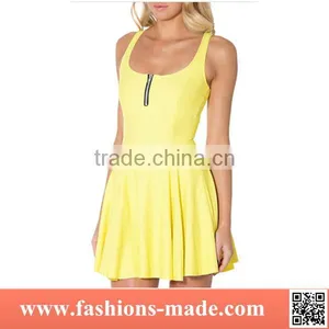 Women's One Piece Yellow Skater Dress Zipper Pleated Dress Wholesale thumbnail-1