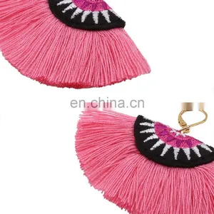 Small Hot Pink Half Moon Tribal Embroidery Earrings thumbnail-5