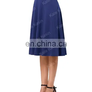 Kate Kasin Occident Women's High Stretchy Navy Cotton High Waist A Line Flared Skirt KK000279-2 thumbnail-2