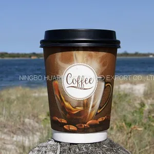 Disposable Paper Coffee Cups With Lids 12oz Double Walled Sturdy Stylish Design Paper Coffee Cup thumbnail-2
