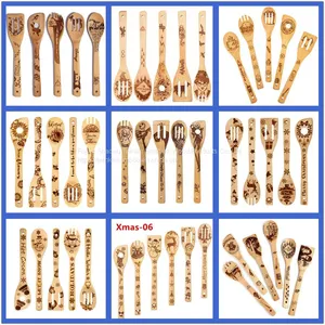 Christmas Bamboo Cooking Utensils Set Burned/bamboo Kitchen Spoons Set Laser Carving Kitchenware Bambu Cooking Utensil Set Engraved thumbnail-1