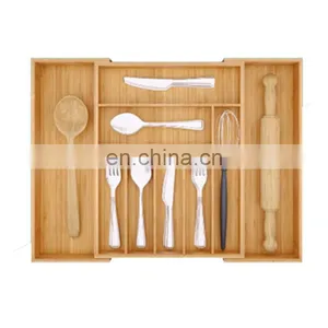 8 Expandable Compartments Bamboo Utensil Spoon Holder With Divider for Kitchen Drawer Silverware Cutlery Tray thumbnail-3