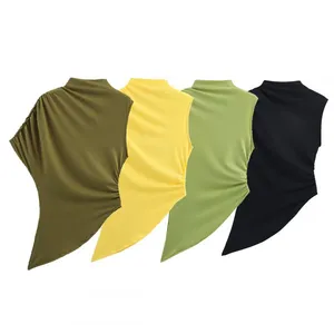 European and American Style Women's Clothing New Style Pleated Fashion Multi-color Asymmetrical Design Temperament T-shirt Top thumbnail-1