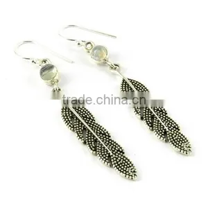 Feather Design Rainbow Moonstone 925 Sterling Silver Earring thumbnail-1