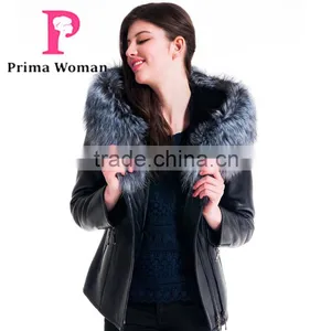 2015 Winter Leather Short Slim Fit Embroidered Women Coat With Belt Silver Fox Fur Hat thumbnail-2